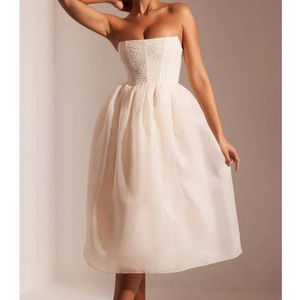 Oh Polly Rosette Embellished Corset Tulle Skirt Midi Dress Ivory Women's US 2